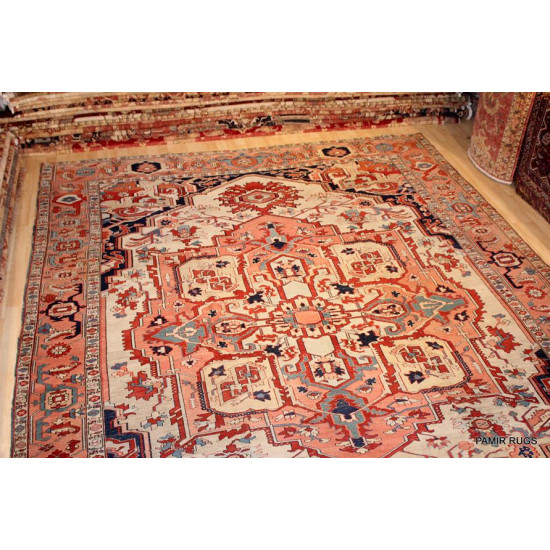 19th Century Large Antique Persian Serapi Beige Background 