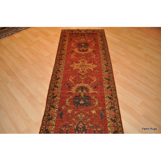 9' Long Hall Runner. Dark Salmon Color Background, Rust and Blue.