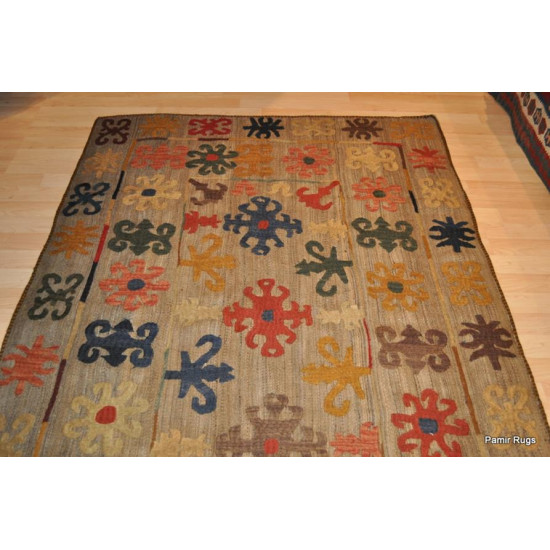 Handmade Tribal Wool Rug, Kazakh Rug, Kilim Embroidery 