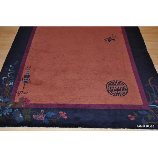 Vintage Art Deco Chinese Rug, Rose & Blue Color Circa 1920's